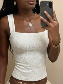 Women's Sexy Fitted Knit Square Neck Top, White Knit Jacquard Textured Fabric Tank, Fitted Regular Summer Women Solid Color Tank Top Casual