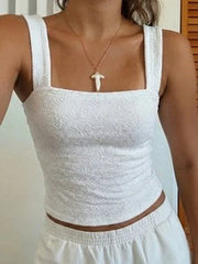 Women's Sexy Fitted Knit Square Neck Top, White Knit Jacquard Textured Fabric Tank, Fitted Regular Summer Women Solid Color Tank Top Casual