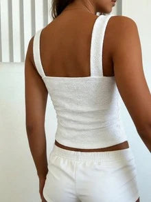 Women's Sexy Fitted Knit Square Neck Top, White Knit Jacquard Textured Fabric Tank, Fitted Regular Summer Women Solid Color Tank Top Casual