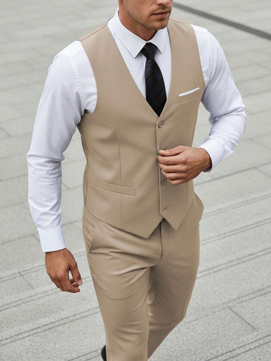 Muški set od 4 dela, elegantan jednobojan slim fit prsluk, pantalone i set kravate