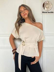 Siren Gaze Women's Elegant Beige Summer Office Blouse, Oblique Collar One Shoulder Slim Fit Top With Metal Button Buckle Decor, Classy Ladies Shirt For Night Out