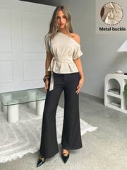 Siren Gaze Women's Elegant Beige Summer Office Blouse, Oblique Collar One Shoulder Slim Fit Top With Metal Button Buckle Decor, Classy Ladies Shirt For Night Out