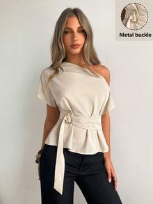 Siren Gaze Women's Elegant Beige Summer Office Blouse, Oblique Collar One Shoulder Slim Fit Top With Metal Button Buckle Decor, Classy Ladies Shirt For Night Out