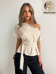 Siren Gaze Women's Elegant Beige Summer Office Blouse, Oblique Collar One Shoulder Slim Fit Top With Metal Button Buckle Decor, Classy Ladies Shirt For Night Out