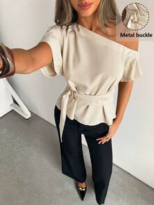 Siren Gaze Women's Elegant Beige Summer Office Blouse, Oblique Collar One Shoulder Slim Fit Top With Metal Button Buckle Decor, Classy Ladies Shirt For Night Out