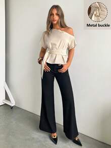 Siren Gaze Women's Elegant Beige Summer Office Blouse, Oblique Collar One Shoulder Slim Fit Top With Metal Button Buckle Decor, Classy Ladies Shirt For Night Out