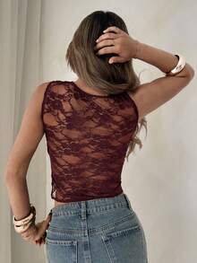 Aloruh Women's Elegant Round Neck Sleeveless Lace Patchwork T-Shirt,Summer Top