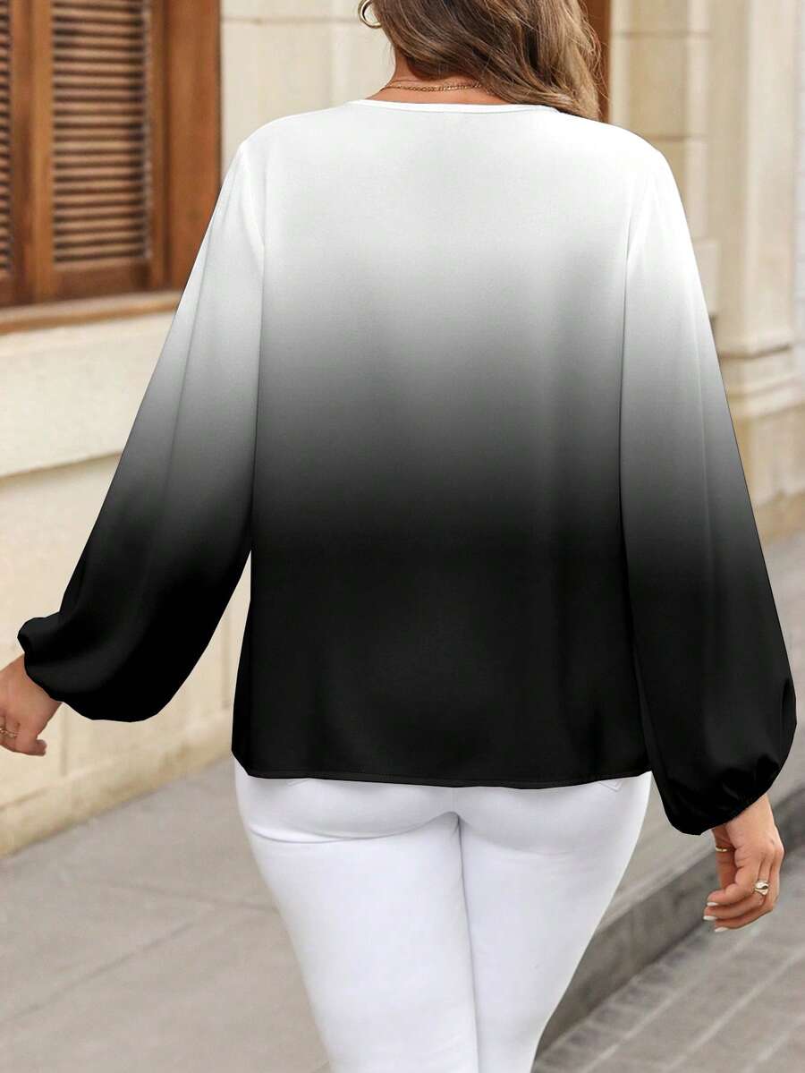 Ženska ležerna košulja plus size sa ombre printom, V-izrezom i lantern rukavima