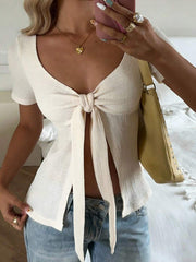 CovetEZ Women's Cream White Elegant Seksi Chic Night Out Summmer Top,Front Tie-Up Bow Strap Short-Sleeved Split Stretch Jacquard T-Shirt,Pure Sweet Fashion