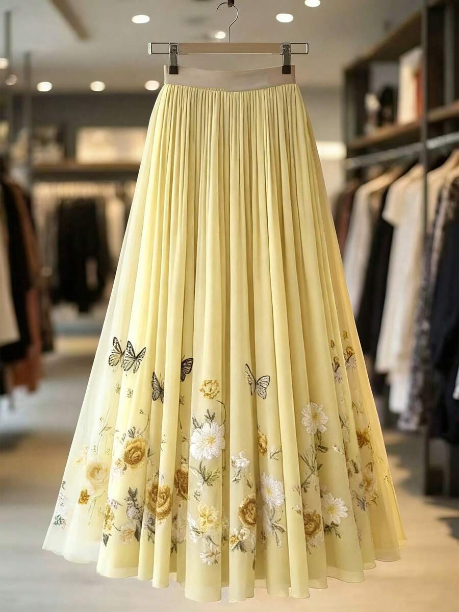 Meka suknja od tila u A-kroju, duga, sa vintage printom ruža i leptira