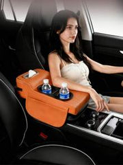 1pc Universal Faux Leather Car Armrest Pad With Tissue Box, Cup Holder And Storage Pouch