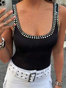Avenya Women's Fashion U-Neck Rivet Decor Camisole Top, Summer