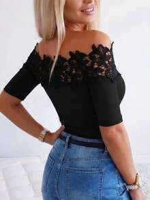 Women's Solid Color Short Sleeve Off-Shoulder Ruffle Splice T-Shirt, Casual Slim Fit Elegant Top For Commuting & Daily Wear Black Summer