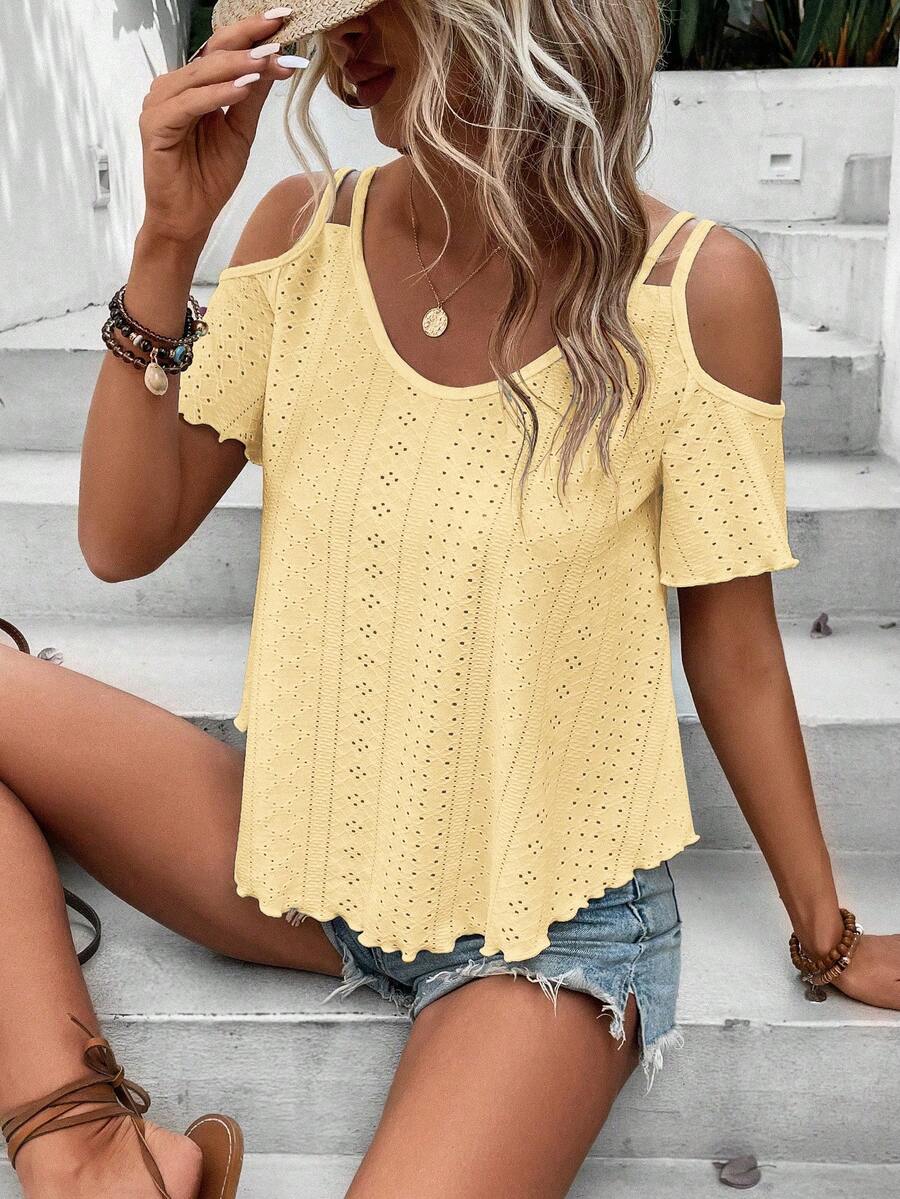 Calvaya Women's Solid Color Off-Shoulder Casual Versatile Daily Wear T-Shirt