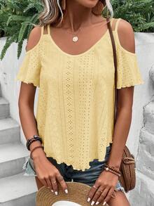 Calvaya Women's Solid Color Off-Shoulder Casual Versatile Daily Wear T-Shirt