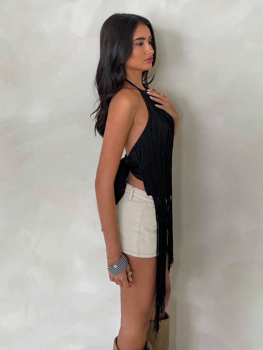 Crna Halter Majica sa Resicama, Seksi Party Majica
