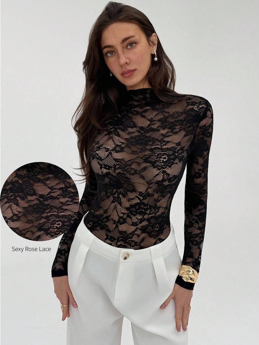 Ženski crni bodi sa cvetnim čipkastim uzorkom, elegantan seksi providni