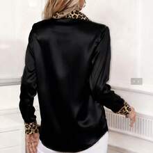 Women's Elegant Leopard Print Trim Satin Long Sleeve Shirt, Lapel Button Detail, Made Of Soft Comfortable Woven Fabric, Regular Fit Top Black