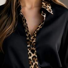 Women's Elegant Leopard Print Trim Satin Long Sleeve Shirt, Lapel Button Detail, Made Of Soft Comfortable Woven Fabric, Regular Fit Top Black