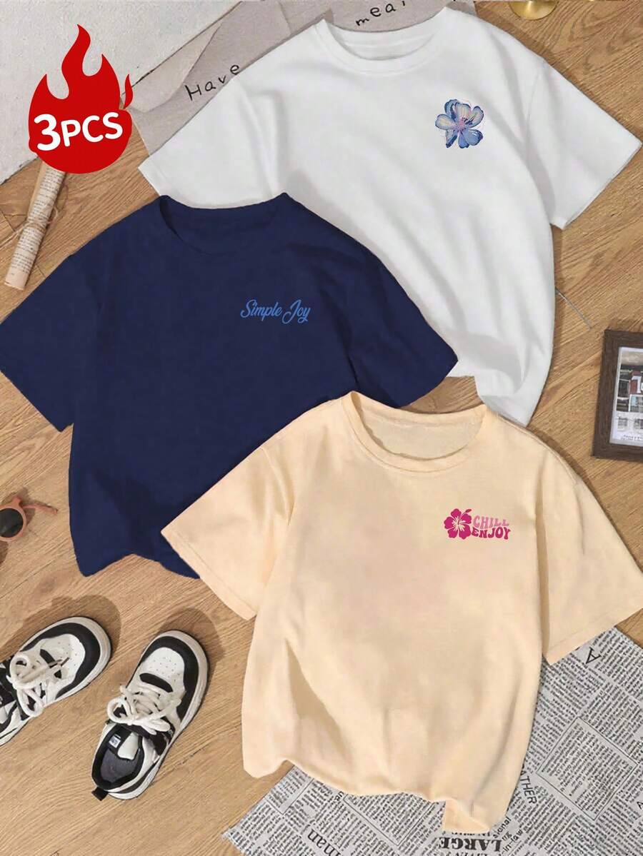 Set od 3 ženske majice sa šarenim grafičkim printom slova i latica