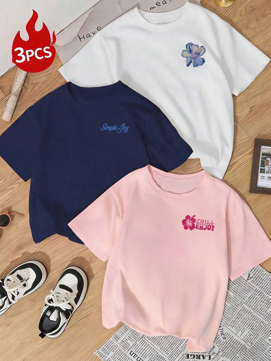 Set od 3 ženske majice sa šarenim grafičkim printom slova i latica