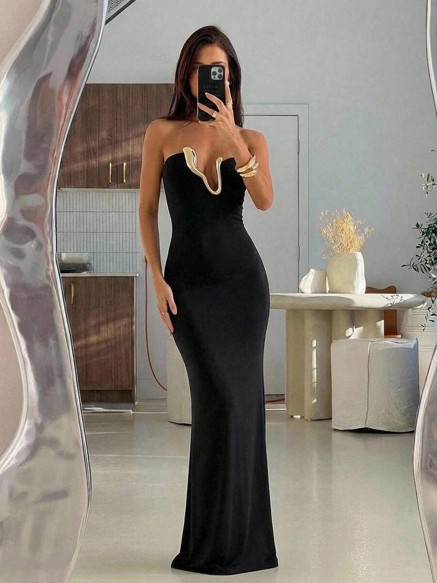 Ženska Elegantna Haljina sa Metalnim Dekorom