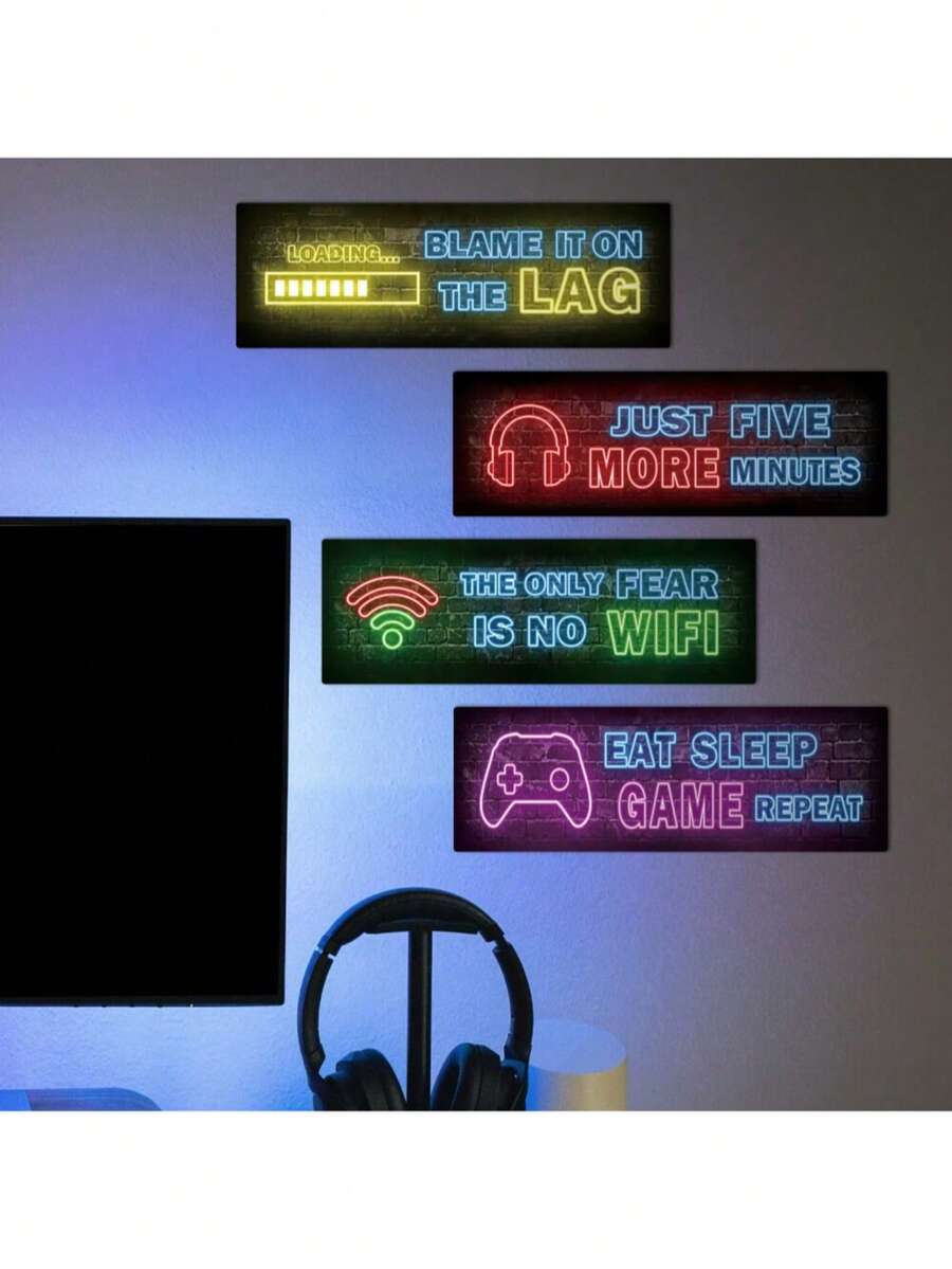 4 komada fluorescentne drvene dekorativne pločice sa gejming motivom