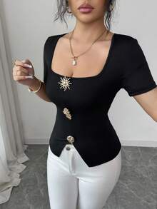 Elenzga Women's Black Square Neck Metal Decor Fitted Short Sleeve Blouse