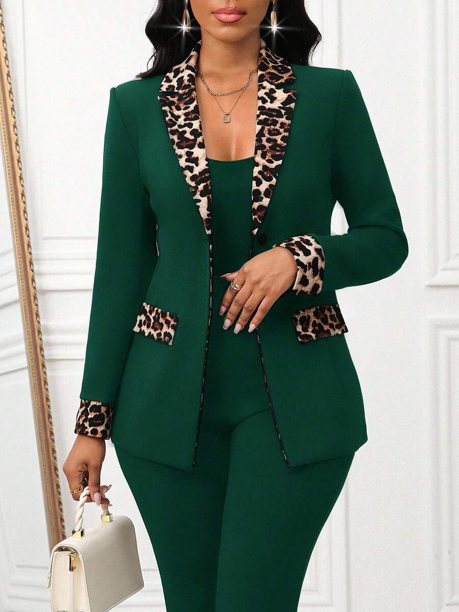 Ženski komplet sa sako i pantalonama sa leopard printom i patchwork dizajnom za jesen/zimu