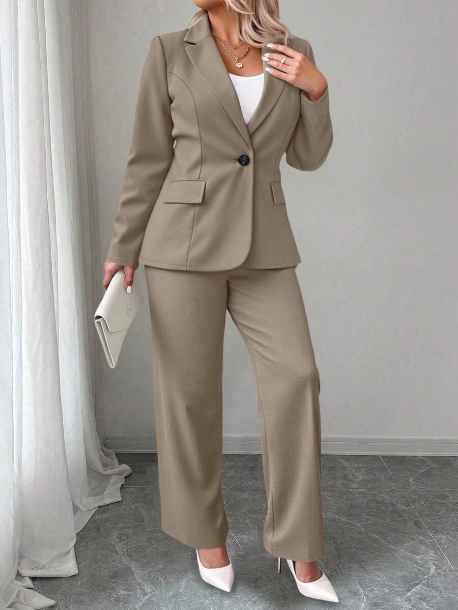 Ženski komplet sako i pantalone u jednobojnoj boji, plus size