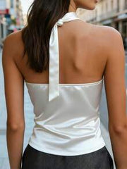 New Spring/Summer Young Women's Top, French Niche Design Spaghetti Strap Camisole, Metal Buckle Decor, Satin Smooth Comfortable Luxurious Top Casual White