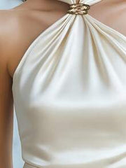 New Spring/Summer Young Women's Top, French Niche Design Spaghetti Strap Camisole, Metal Buckle Decor, Satin Smooth Comfortable Luxurious Top Casual White