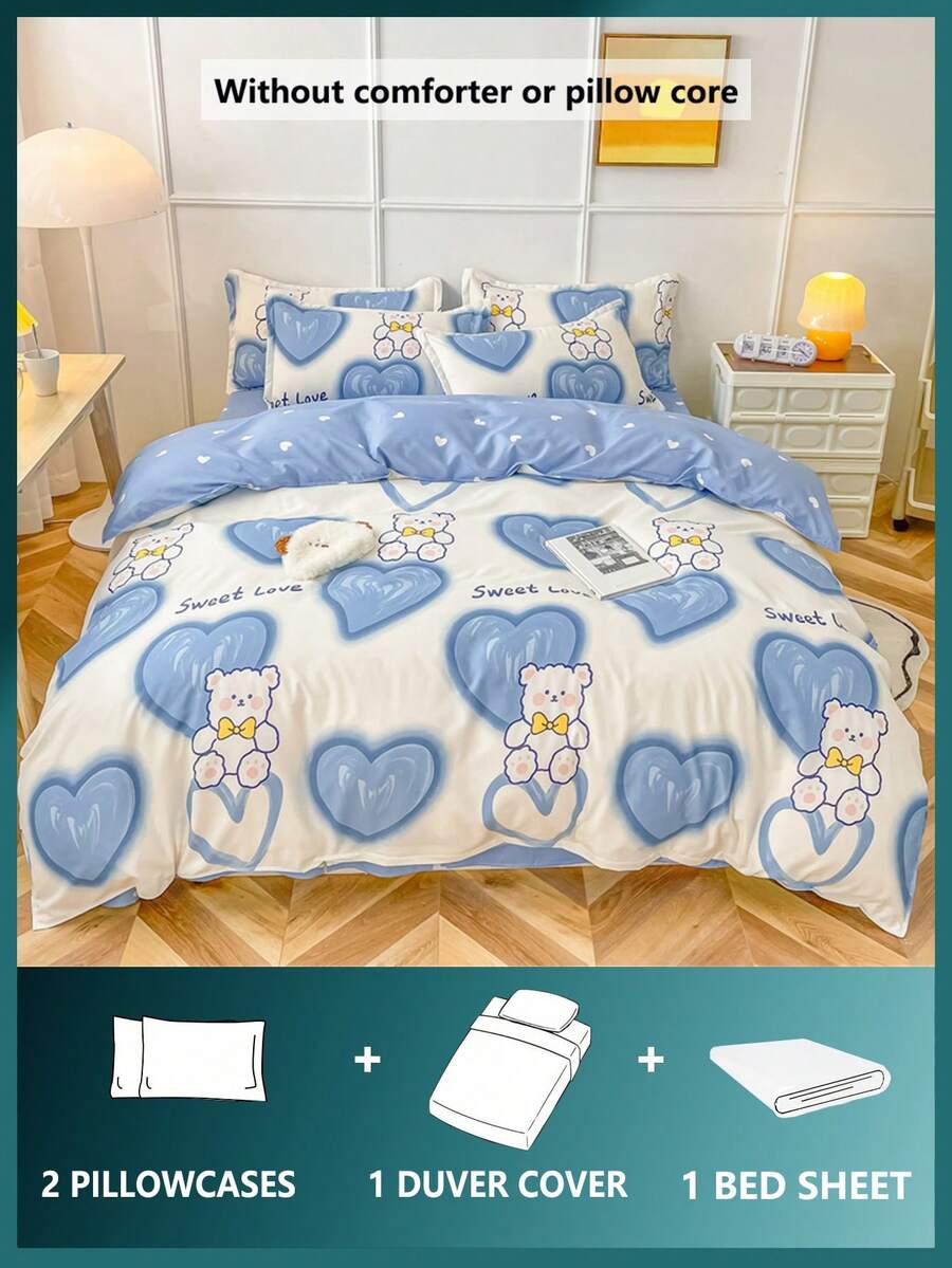 Set posteljine od 4 komada sa debelim, nežnim za kožu printom srca i medvedića (1 navlaka za jorgan + 2 jastučnice + 1 čaršav)