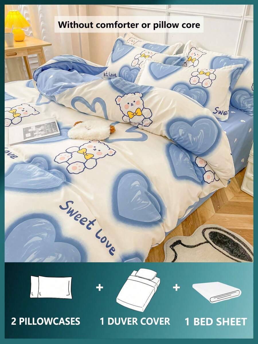 Set posteljine od 4 komada sa debelim, nežnim za kožu printom srca i medvedića (1 navlaka za jorgan + 2 jastučnice + 1 čaršav)