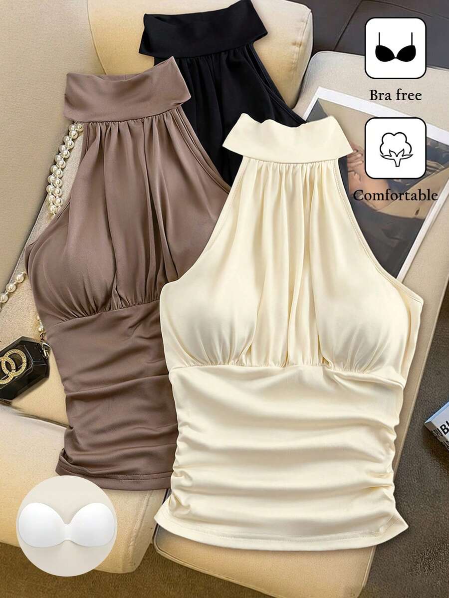 Franclia Women's Elegant Halter Neck Ruched Crop Tank Top Bra Free Comfortable Fabric Summer,Night Out,All Shades Of Brown Casual Blouses Festival Y2k Top