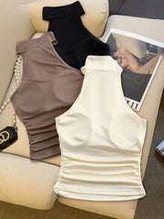 Franclia Women's Elegant Halter Neck Ruched Crop Tank Top Bra Free Comfortable Fabric Summer,Night Out,All Shades Of Brown Casual Blouses Festival Y2k Top