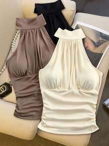 Franclia Women's Elegant Halter Neck Ruched Crop Tank Top Bra Free Comfortable Fabric Summer,Night Out,All Shades Of Brown Casual Blouses Festival Y2k Top