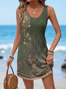 SHEIN LUNE Casual Retro Floral Print Round Neck Dress For Women, Suitable For Spring And Summer Suitable For Going Out Chic Dress