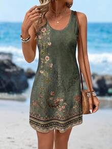 SHEIN LUNE Casual Retro Floral Print Round Neck Dress For Women, Suitable For Spring And Summer Suitable For Going Out Chic Dress
