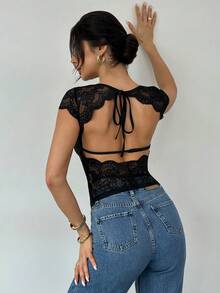 Firerie Women's Black Lace Patchwork Backless Fitted T-Shirt