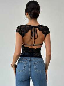 Firerie Women's Black Lace Patchwork Backless Fitted T-Shirt