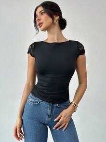 Firerie Women's Black Lace Patchwork Backless Fitted T-Shirt