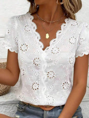 Women's Romantic Hollow V-Neck Short Sleeve Top, Casual Chic Versatile Elegant Blouse White Summer