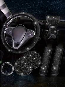 19pcs Shiny Car Accessories Set, Designed For Women, Including Steering Wheel Cover, Seatbelt Cover, Gear Shift Knob Cover, Phone Holder, Cup Holder, Cute Car Decor Kit, Car Interior Accessories Set (Black, White, Pink, Red)