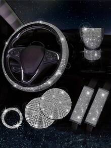 19pcs Shiny Car Accessories Set, Designed For Women, Including Steering Wheel Cover, Seatbelt Cover, Gear Shift Knob Cover, Phone Holder, Cup Holder, Cute Car Decor Kit, Car Interior Accessories Set (Black, White, Pink, Red)