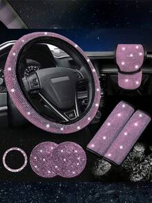 19pcs Shiny Car Accessories Set, Designed For Women, Including Steering Wheel Cover, Seatbelt Cover, Gear Shift Knob Cover, Phone Holder, Cup Holder, Cute Car Decor Kit, Car Interior Accessories Set (Black, White, Pink, Red)