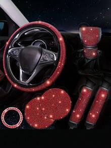 19pcs Shiny Car Accessories Set, Designed For Women, Including Steering Wheel Cover, Seatbelt Cover, Gear Shift Knob Cover, Phone Holder, Cup Holder, Cute Car Decor Kit, Car Interior Accessories Set (Black, White, Pink, Red)