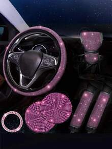 19pcs Shiny Car Accessories Set, Designed For Women, Including Steering Wheel Cover, Seatbelt Cover, Gear Shift Knob Cover, Phone Holder, Cup Holder, Cute Car Decor Kit, Car Interior Accessories Set (Black, White, Pink, Red)