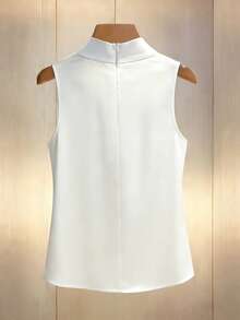 SHEIN Women's Elegant French-Style Off-White Satin Sleeveless Shirt,Hollow-Out Knotted Ruffled Collar Summer Top,Office Commuter Wear,Business Casual Shirt