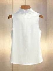 SHEIN Women's Elegant French-Style Off-White Satin Sleeveless Shirt,Hollow-Out Knotted Ruffled Collar Summer Top,Office Commuter Wear,Business Casual Shirt